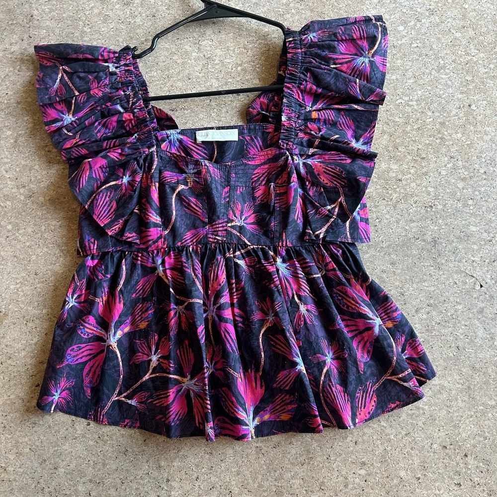 Ulla Johnson Romi Top Sz 0 Blue Sunset Floralblack Flutter Sleeve Cotton Blouse